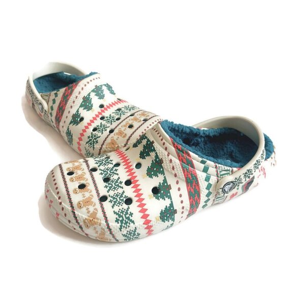 CROCS Classic Lined Fair Isle Slip On Clogs Mens 10 Womens 12 Sandals Bone Multi - Picture 4 of 9